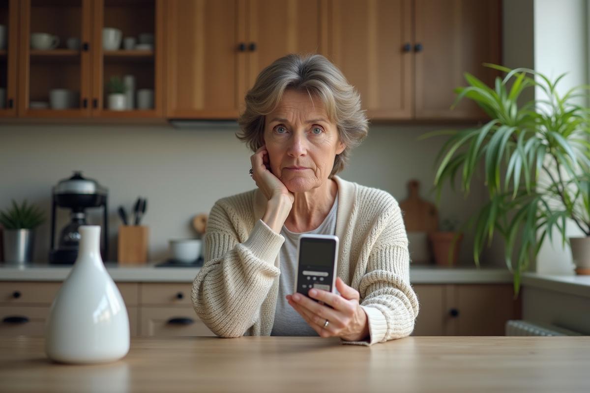 Femme assise à la cuisine avec moniteur de qualité de l'air