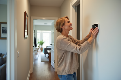 Femme installant un thermostat intelligent dans un couloir
