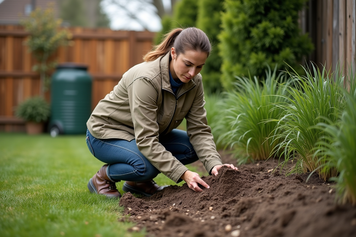 Femme appliquant une barrière de paillis autour des prêles