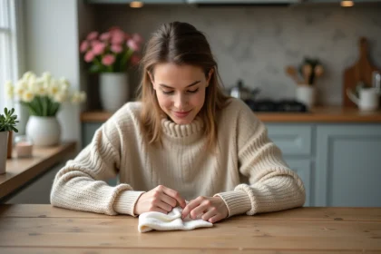 Femme nettoyant une bague en argent à la maison