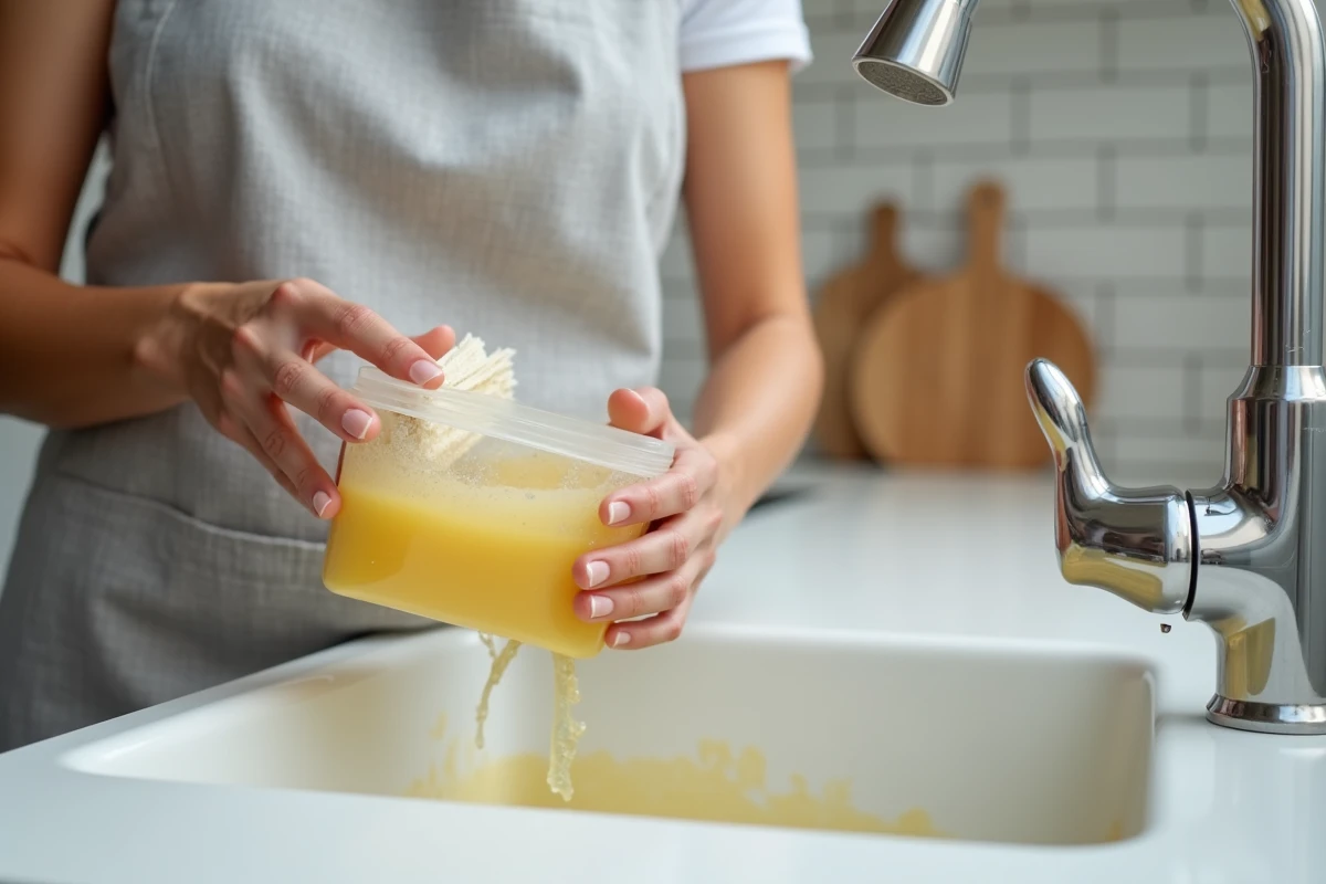 Femme nettoyant un contenant en plastique jauni avec une brosse et du bicarbonate de soude au-dessus d'un évier de cuisine