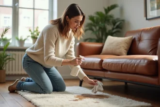 Femme nettoyant une tache sur un canapé en cuir brun