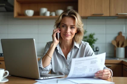 Femme d'affaires examinant devis dans sa cuisine moderne