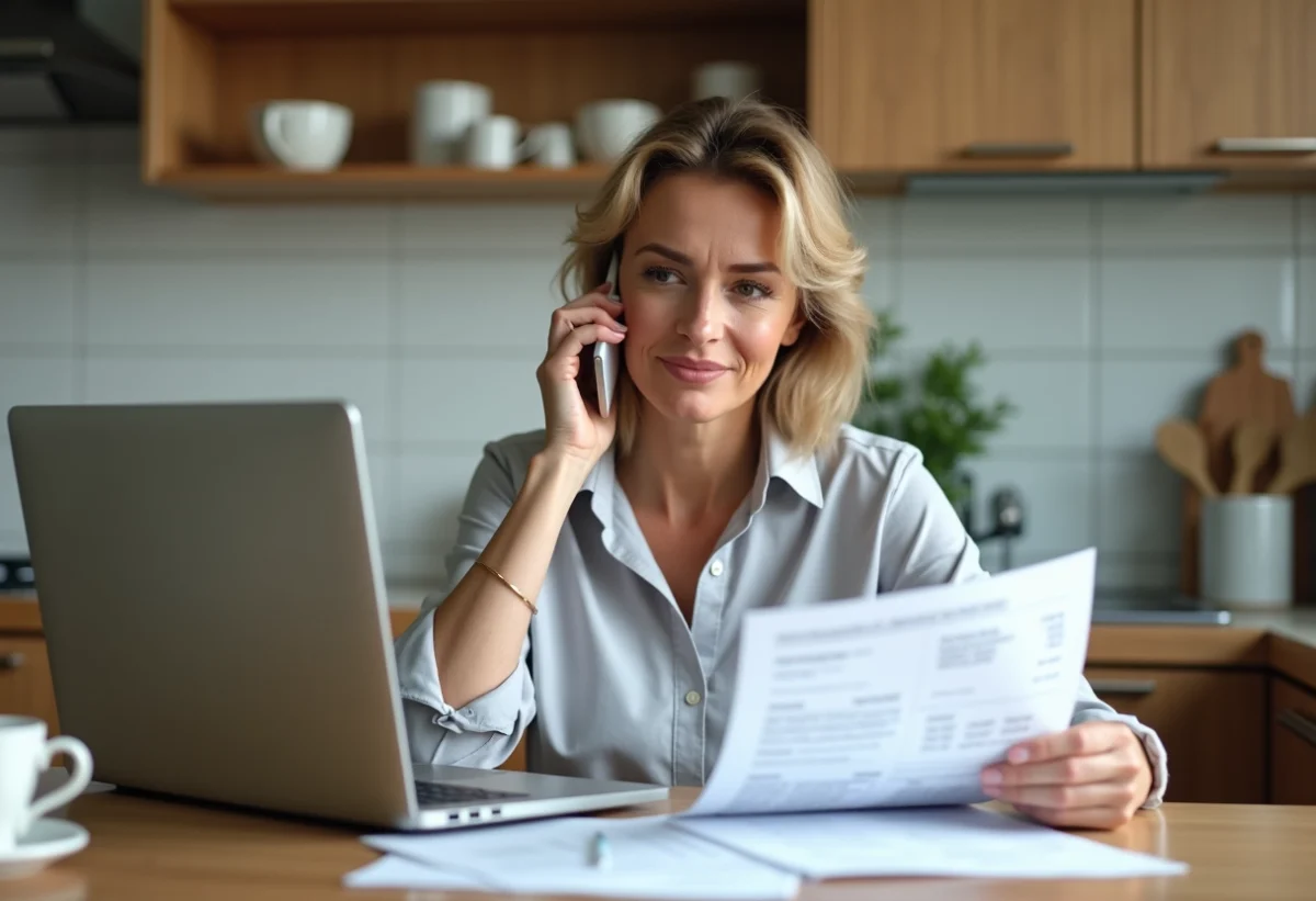 Femme d'affaires examinant devis dans sa cuisine moderne