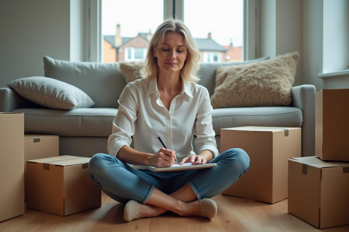 Femme réfléchissant avec ordinateur et cartons de déménagement