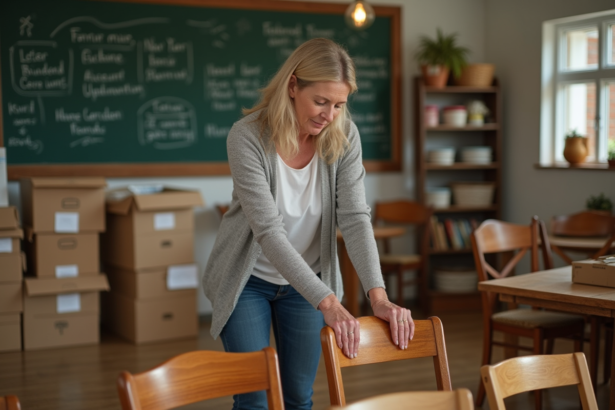 Femme arrangeant des chaises en bois dans un centre communautaire