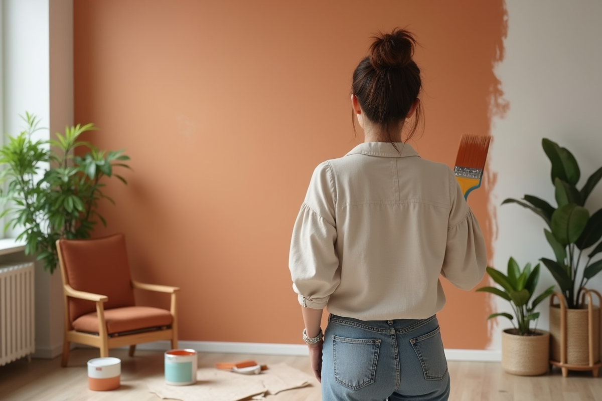 Femme appliquant peinture terracotta sur un mur intérieur