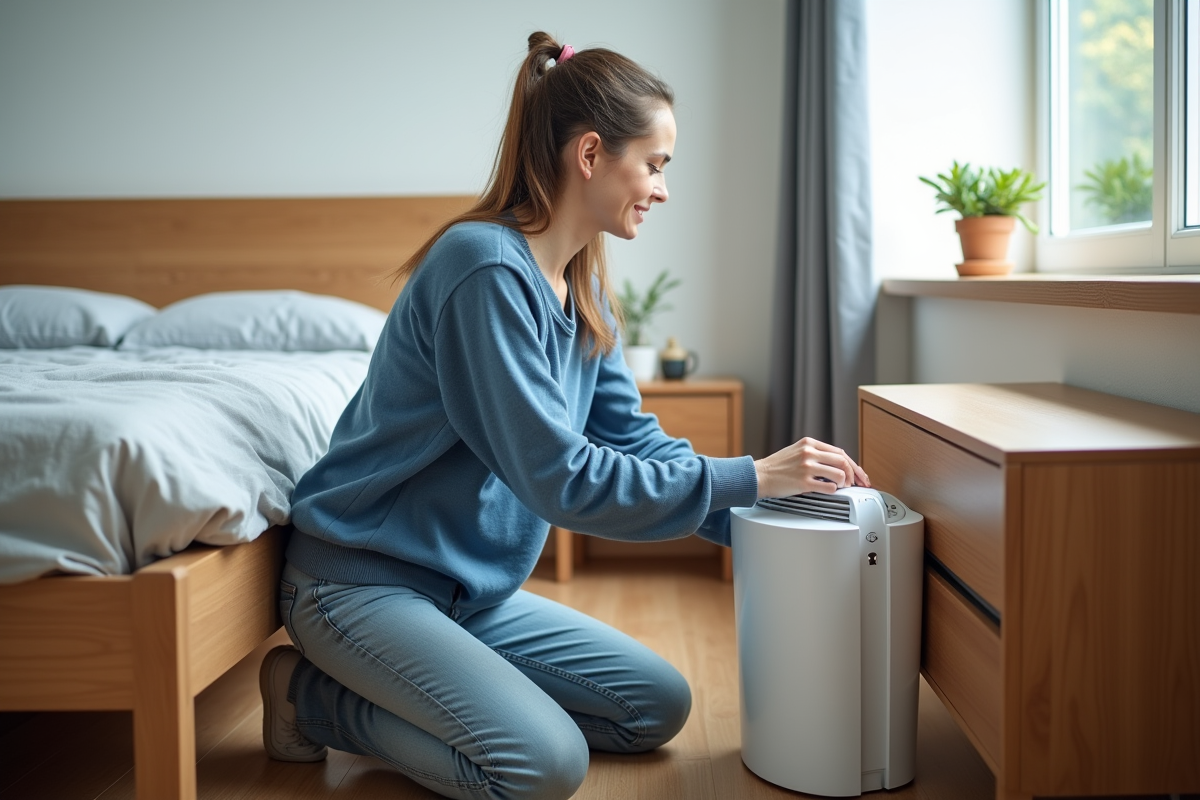 Jeune femme place un dehumidificateur sous le lit dans une chambre lumineuse