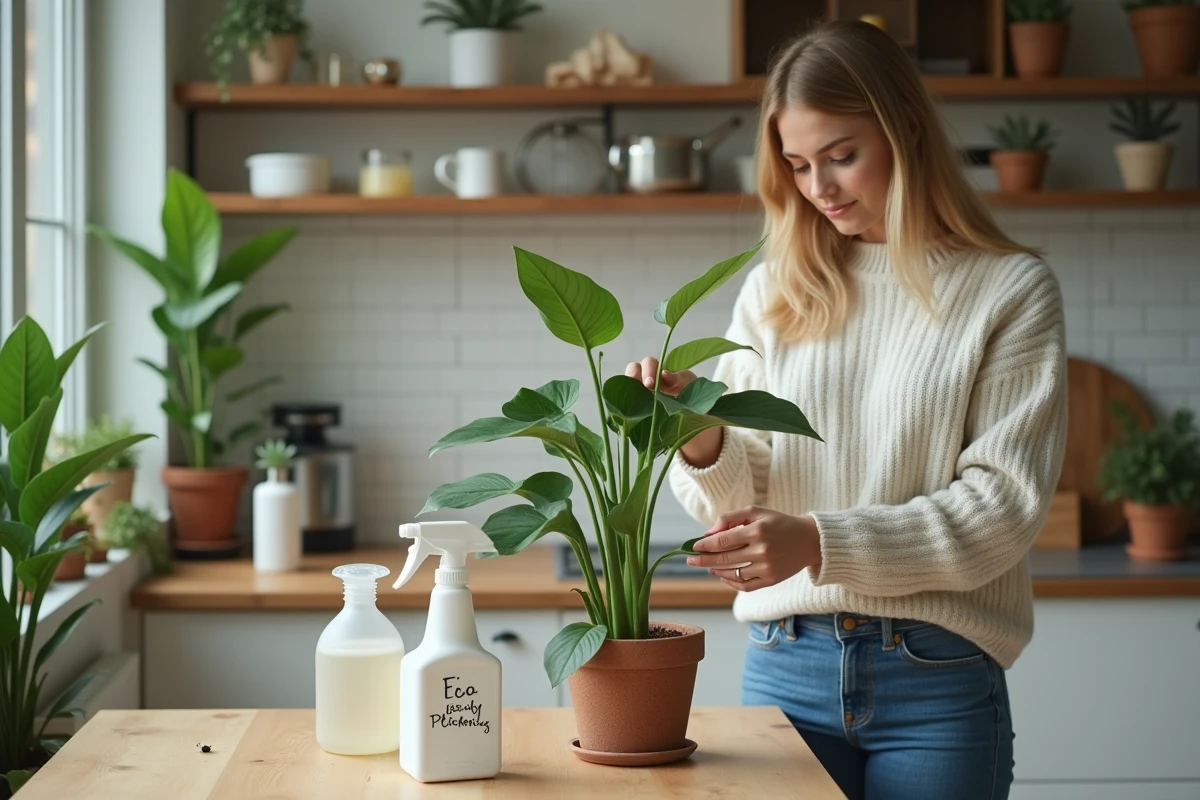 Femme inspectant une feuille de plante avec un insecte