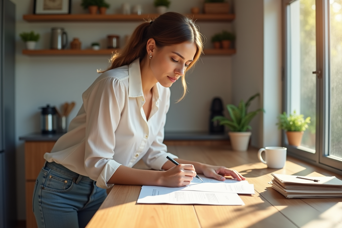 Femme dans la cuisine remplissant un formulaire de redirection mail