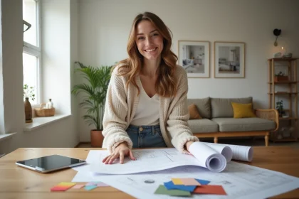 Femme souriante avec plans de rénovation et échantillons de couleurs