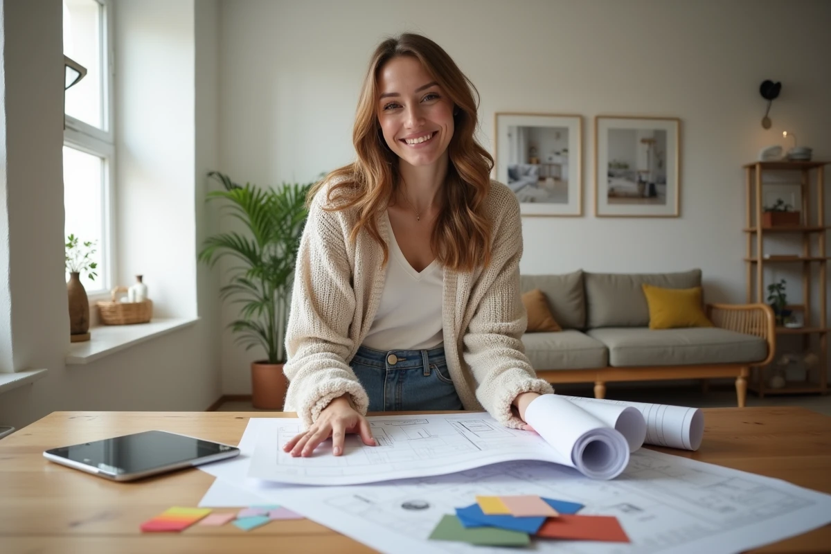 Femme souriante avec plans de rénovation et échantillons de couleurs