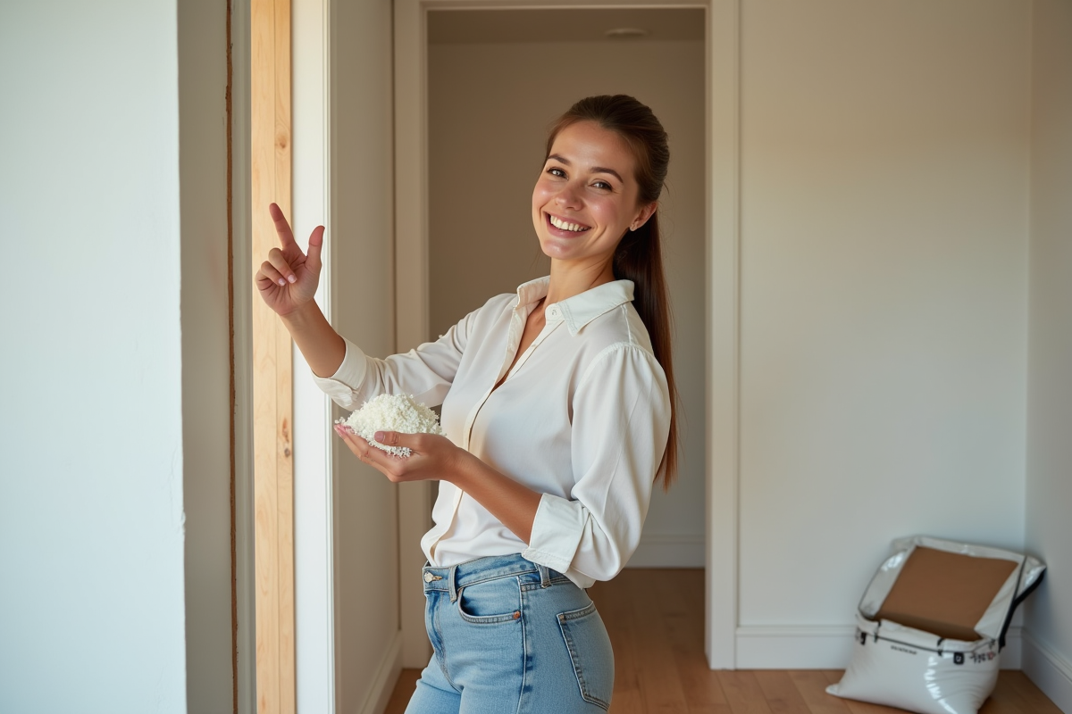 Jeune femme souriante montrant une isolation cellulose dans une rénovation