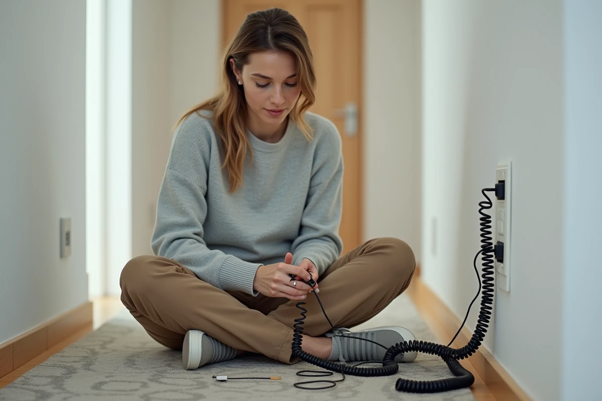 Femme connecte des fils téléphoniques dans un couloir moderne