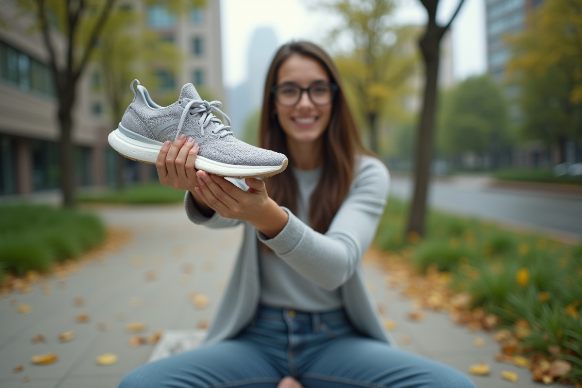 Jeune femme montrant une chaussure restaurée dans un parc
