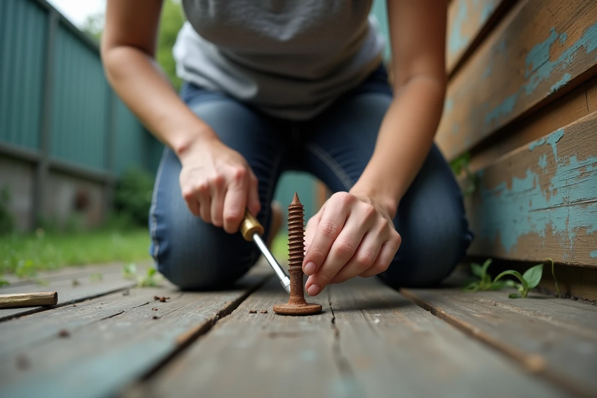 Femme tentant de retirer une vis grippée sur une terrasse en bois extérieure avec un tournevis manuel