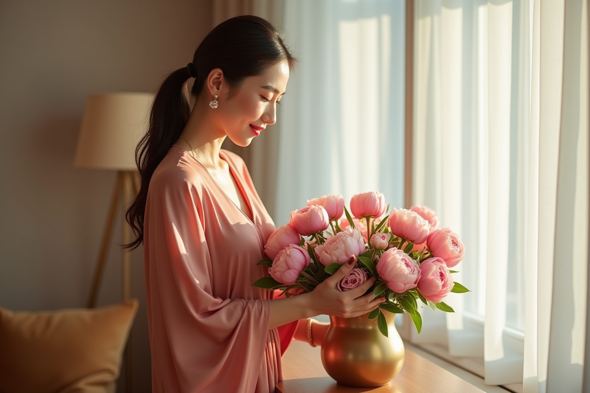 Femme en robe de soie verte dans un salon lumineux