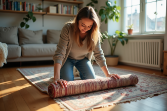 Femme d'âge moyen roulant un tapis ancien dans un salon chaleureux