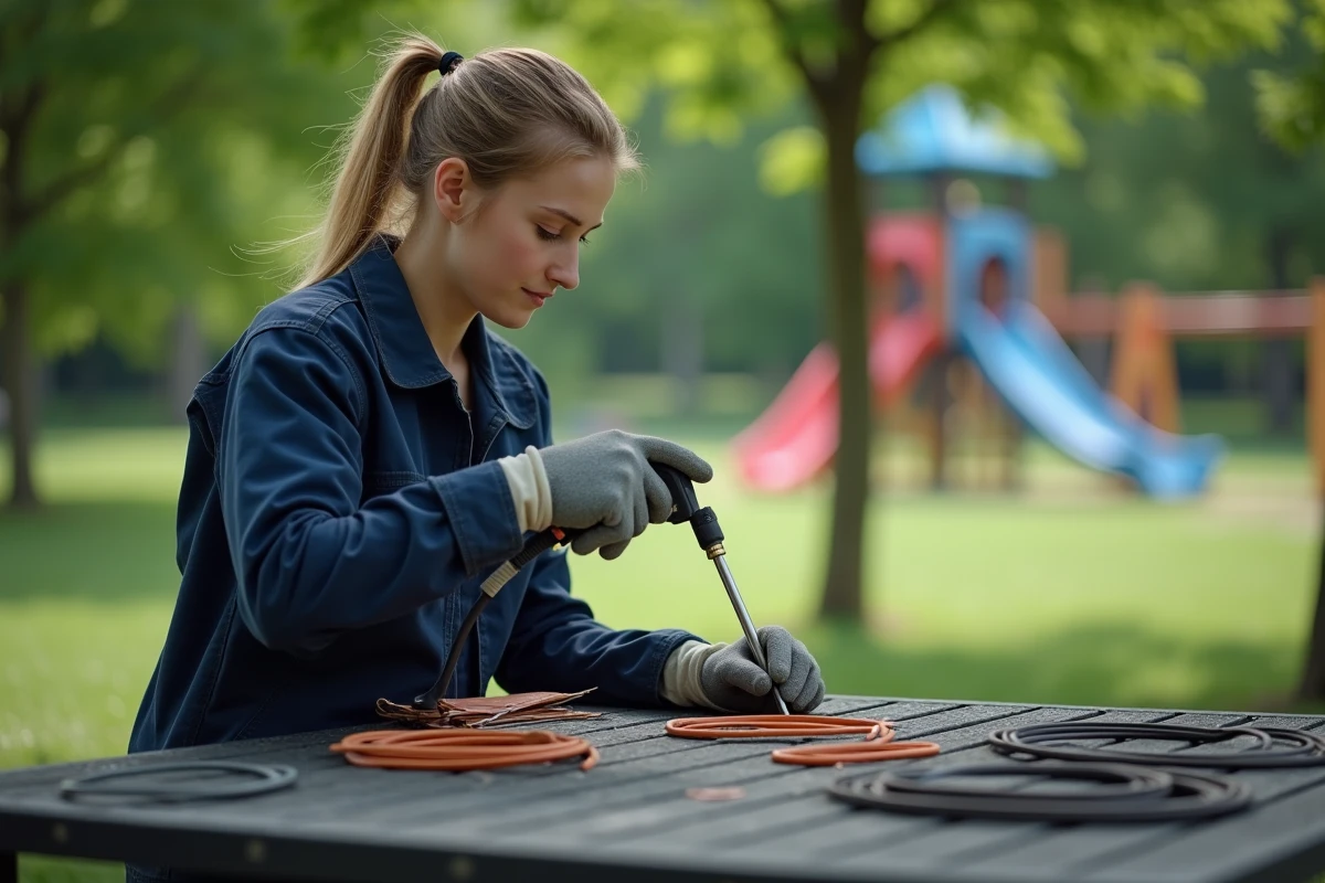 Jeune femme en combinaison bleue manipulant un chalumeau de soudure en parc