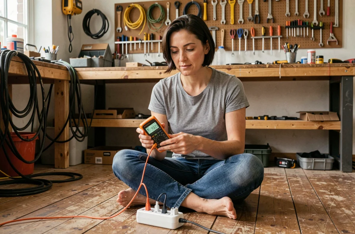 Femme testant une multiprise avec un multimètre pour vérifier la mise à la terre