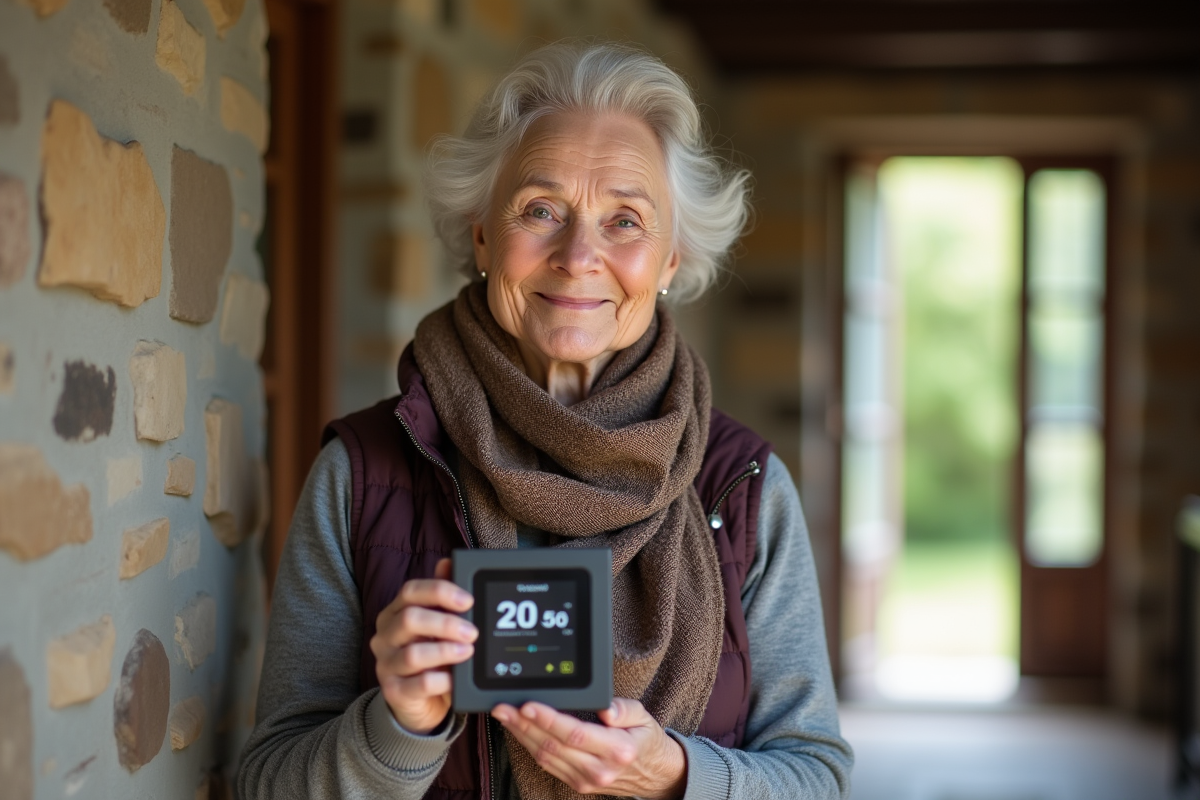 Femme âgée tenant un thermostat dans un couloir en pierre rénové