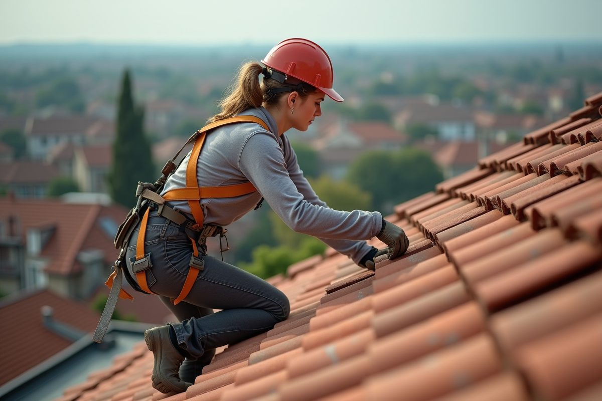 Jeune femme couvreur posant des tuiles sur un toit en hauteur