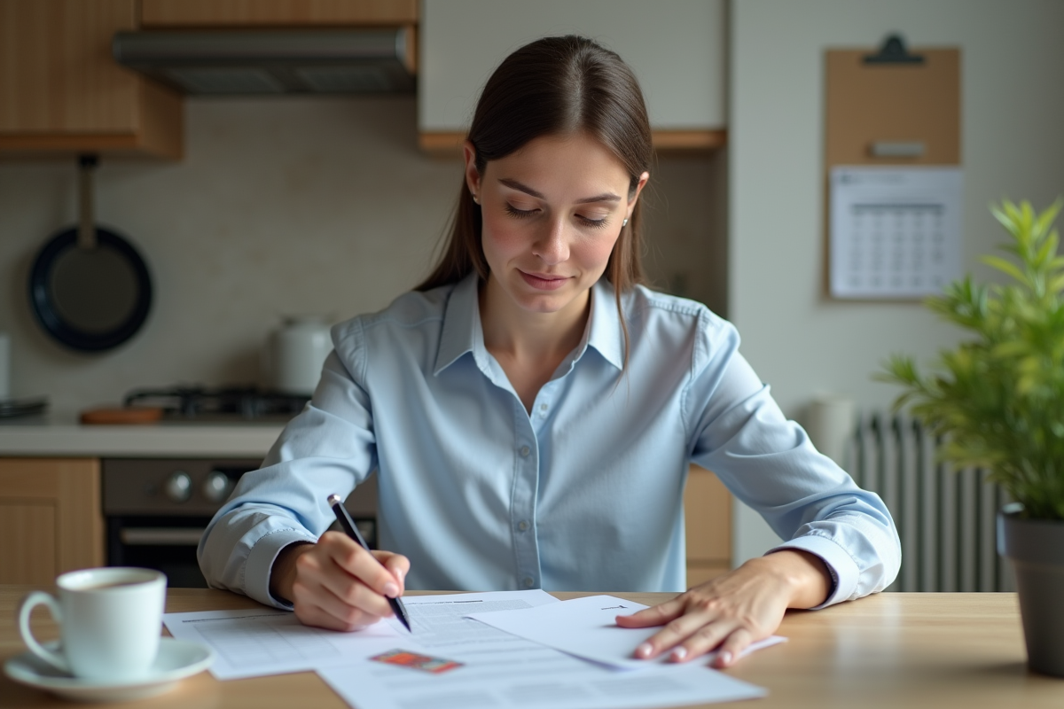 Femme d'âge moyen remplissant des papiers à la maison