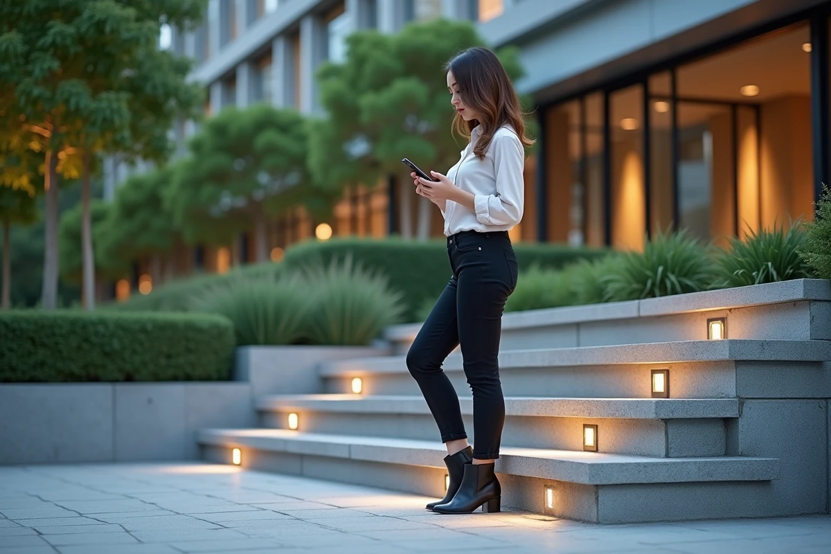 Jeune femme dehors près de marches LED dans jardin urbain