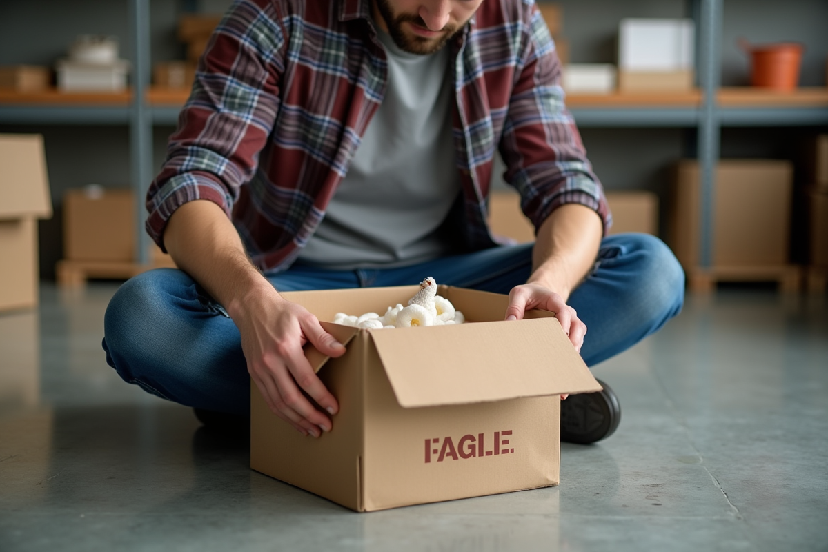 Jeune homme scellant un colis fragile avec du ruban