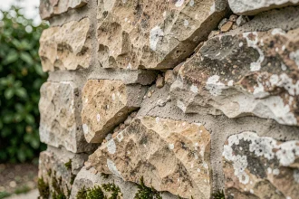 Fissure diagonale sur un mur en pierre calcaire avec mortier effritté et débris de ciment