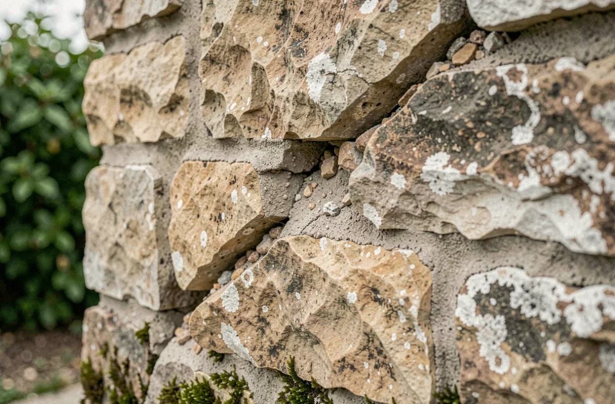 Fissure diagonale sur un mur en pierre calcaire avec mortier effritté et débris de ciment