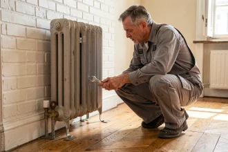 Plombier inspectant la fixation au sol d'un radiateur en fonte ancien dans un appartement haussmannien rénové