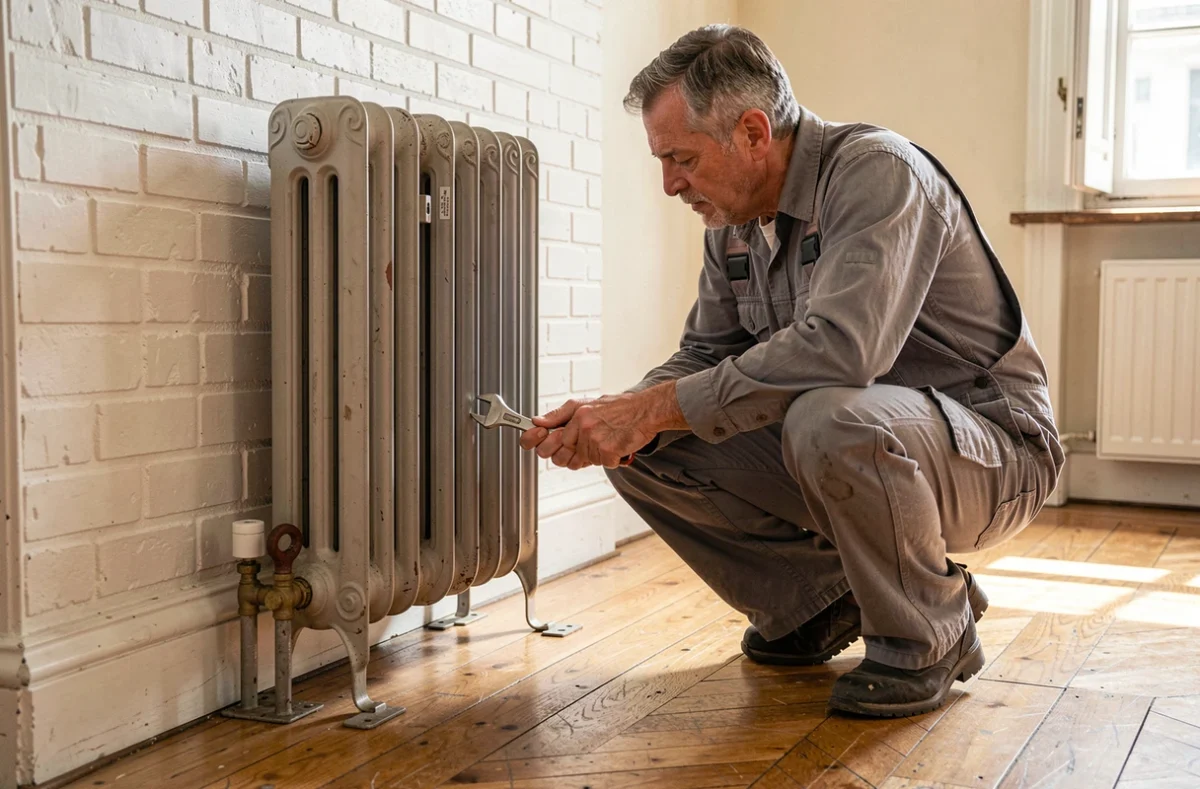 Plombier inspectant la fixation au sol d'un radiateur en fonte ancien dans un appartement haussmannien rénové