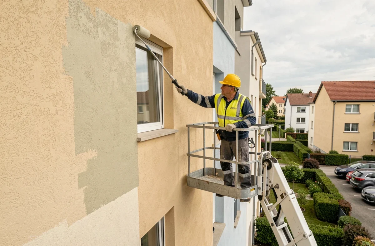 Peintre Francilienne Peinture sur nacelle appliquant de la peinture sur la façade d'un immeuble résidentiel en Essonne