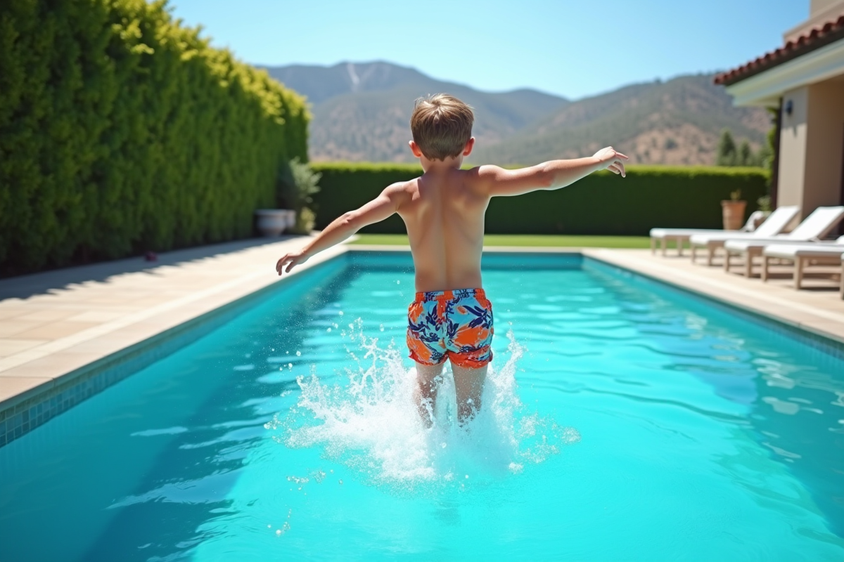 Garçon sautant dans la piscine avec maillot coloré