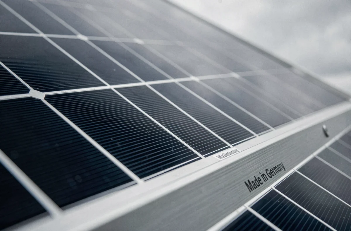 Gros plan sur les cellules photovoltaïques d'un panneau solaire allemand avec label Made in Germany sur le cadre