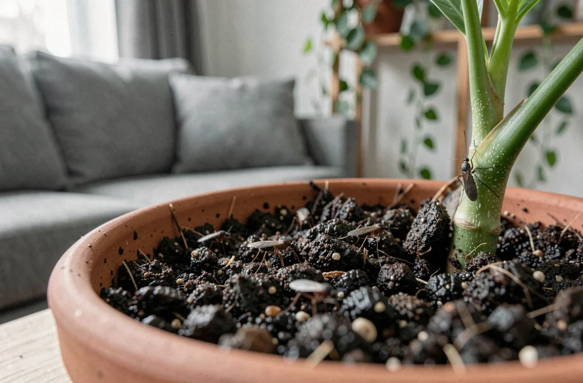 Gros plan sur des moucherons dans la terre humide d'une plante d'intérieur en pot