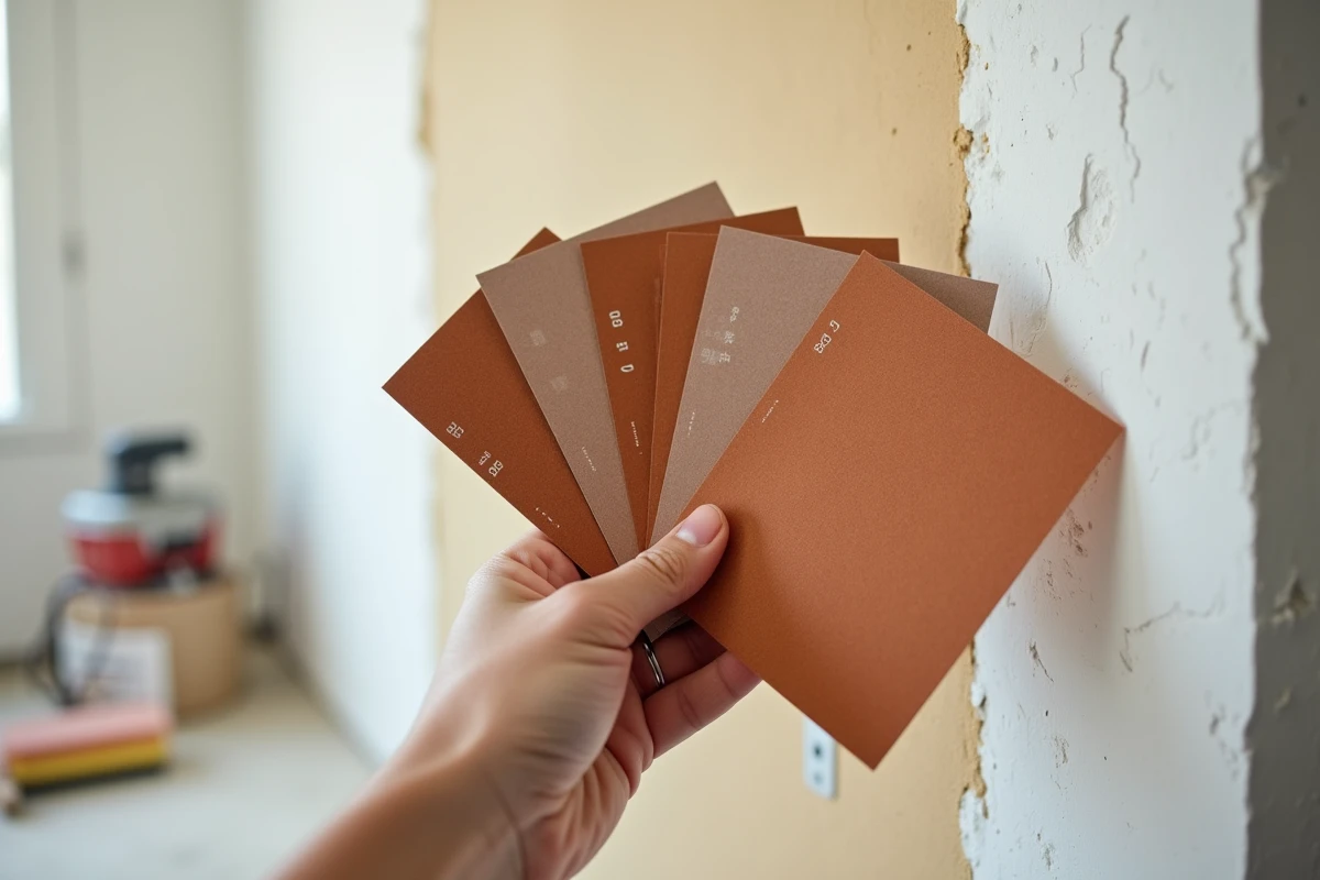 Gros plan sur plusieurs feuilles de papier abrasif de différents grains pour poncer un enduit de finition, avec numérotation visible