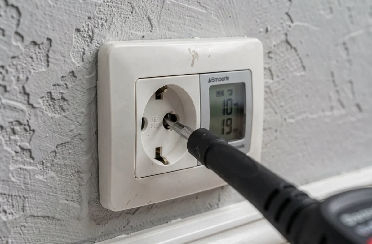Gros plan d'une sonde de multimètre insérée dans la prise de terre d'une prise électrique murale