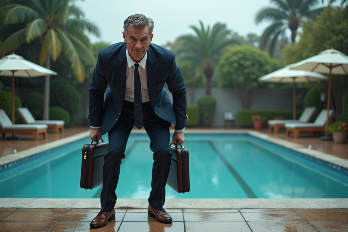 Homme d'affaires confus près d'une piscine vide sous la pluie