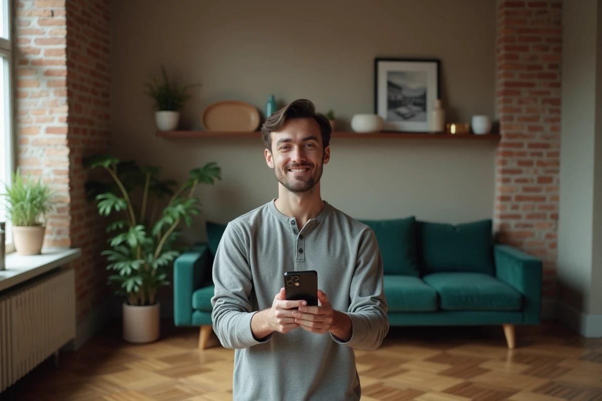 Homme consultant une application de relooking de salon sur smartphone devant un intérieur rénové avec parquet et canapé vert