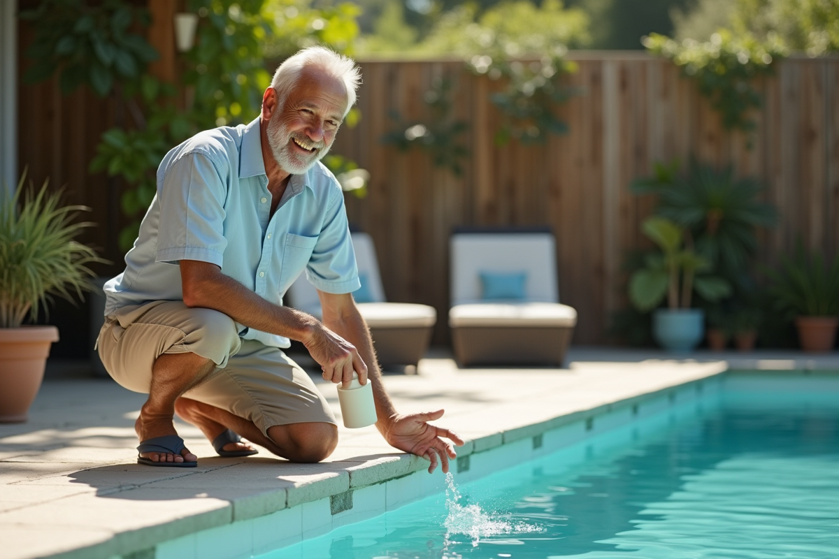 Homme souriant en été près de la piscine naturelle