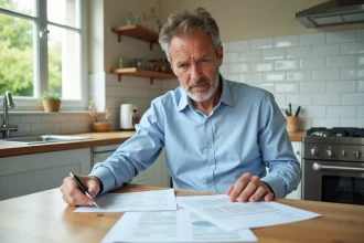 Homme consultant des devis de travaux de rénovation à sa table de cuisine