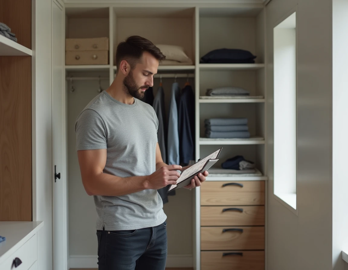 Homme consultant un plan d'aménagement sur tablette dans un dressing modulable entièrement installé