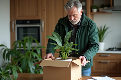 Homme emballant une plante dans une cuisine chaleureuse