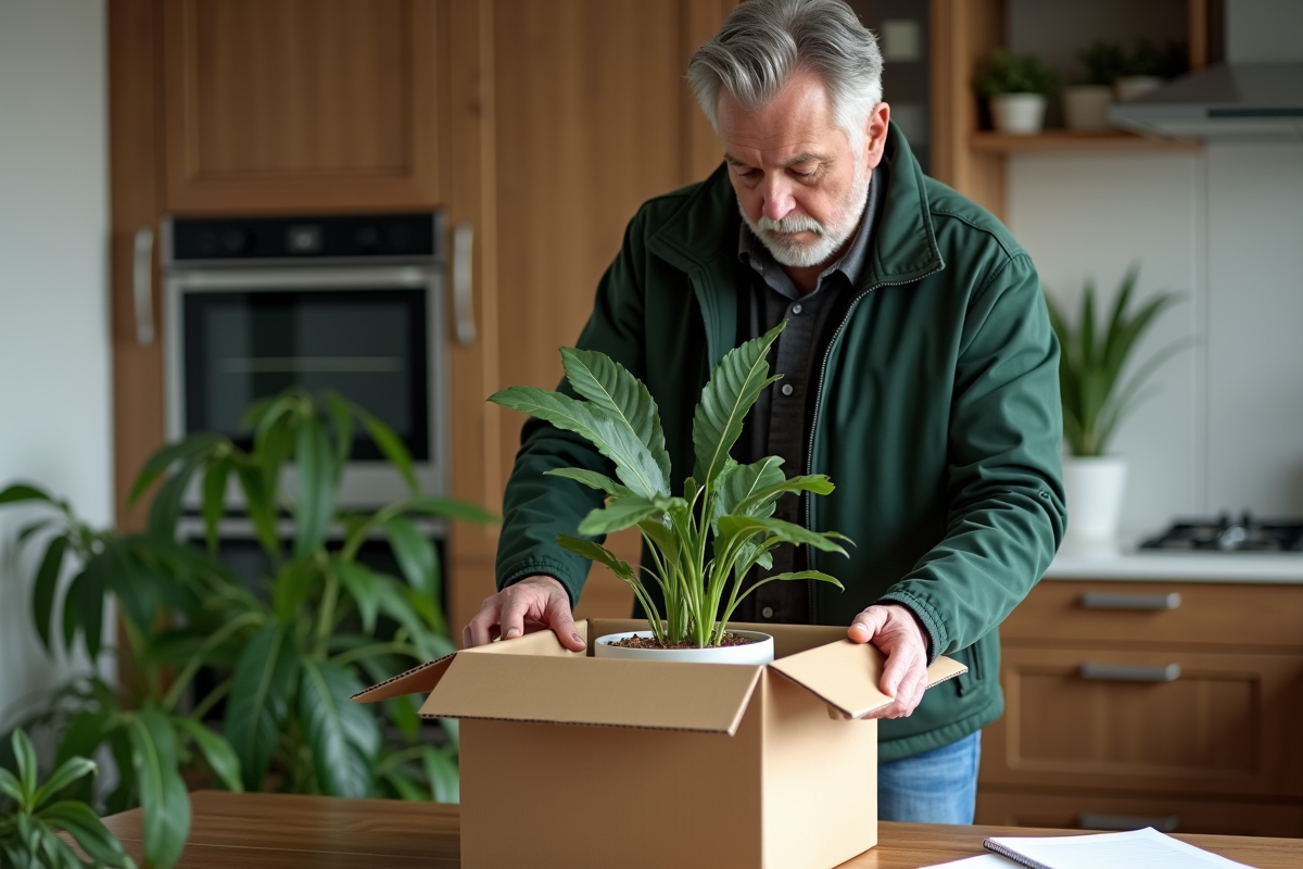 Homme emballant une plante dans une cuisine chaleureuse