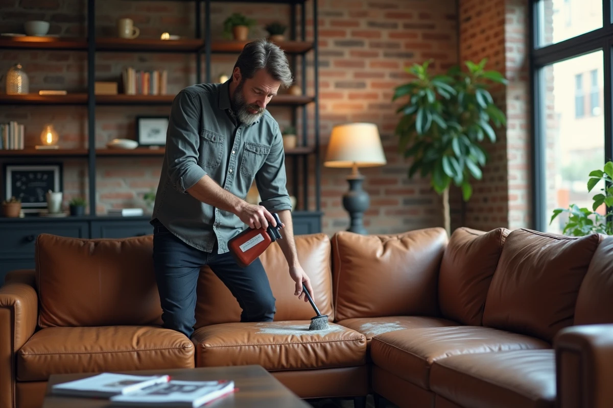 Homme nettoyant une tache sur le canapé dans un appartement urbain