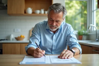 Homme examinant une estimation dans une cuisine lumineuse