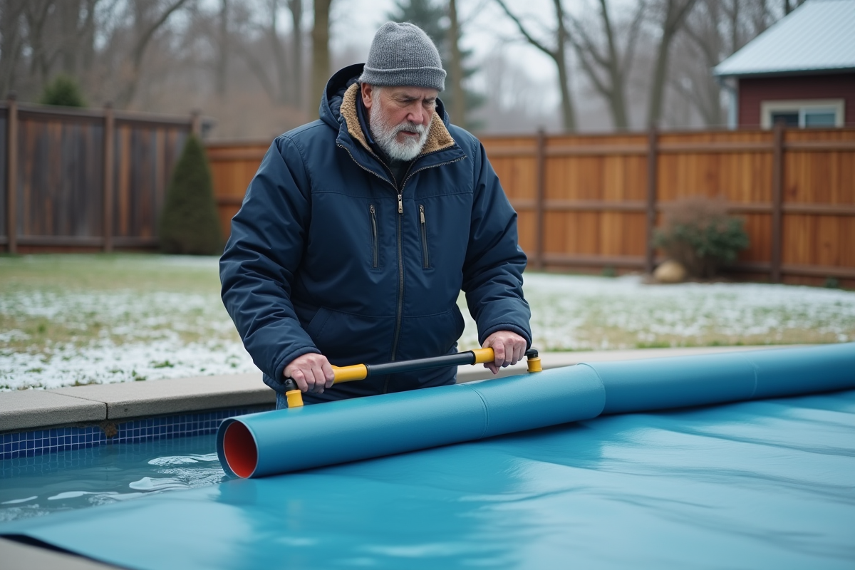 Homme d'âge moyen avec veste et bonnet près de la piscine