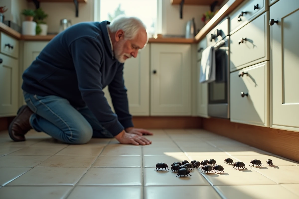 Homme âgé observe des petits insectes dans la cuisine